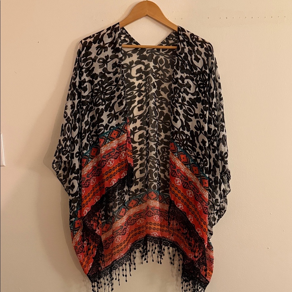 Time and Tru Black and Red Patterned Poncho